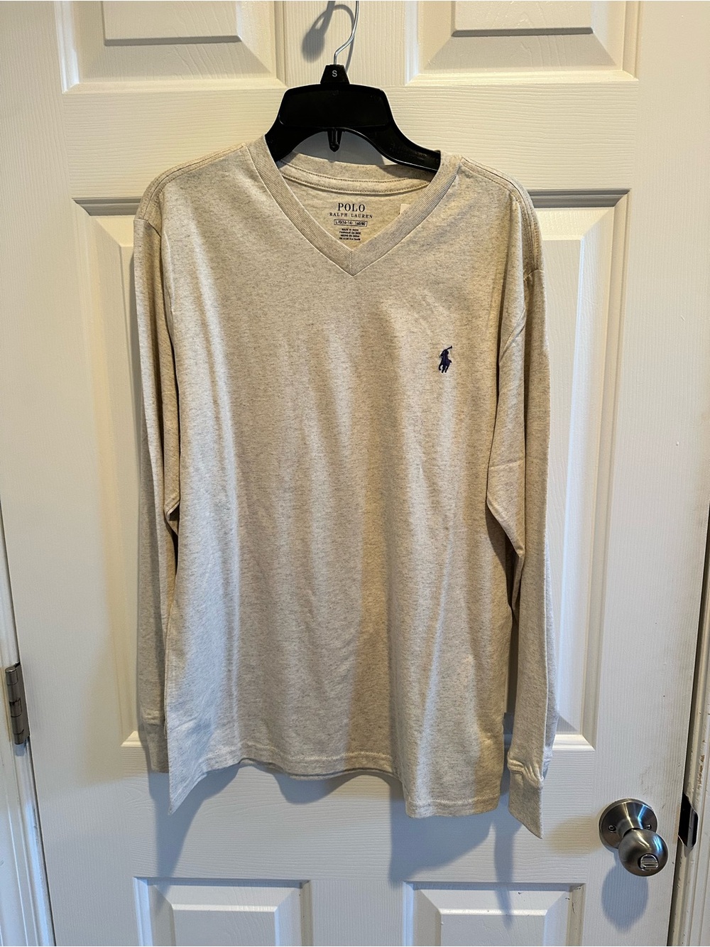 NWT Polo Ralph Lauren Boy’s Long Sleeve V-Neck Shirt Light Gray Large 14/16